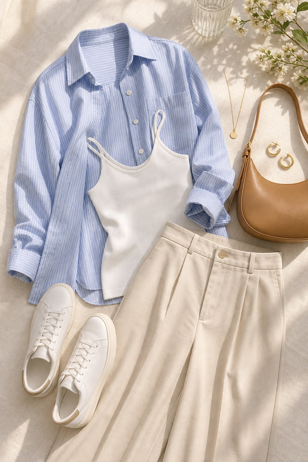 Editorial flatlay with blue striped shirt, white tank, ivory trousers, white sneakers, camel bag, and gold jewelry