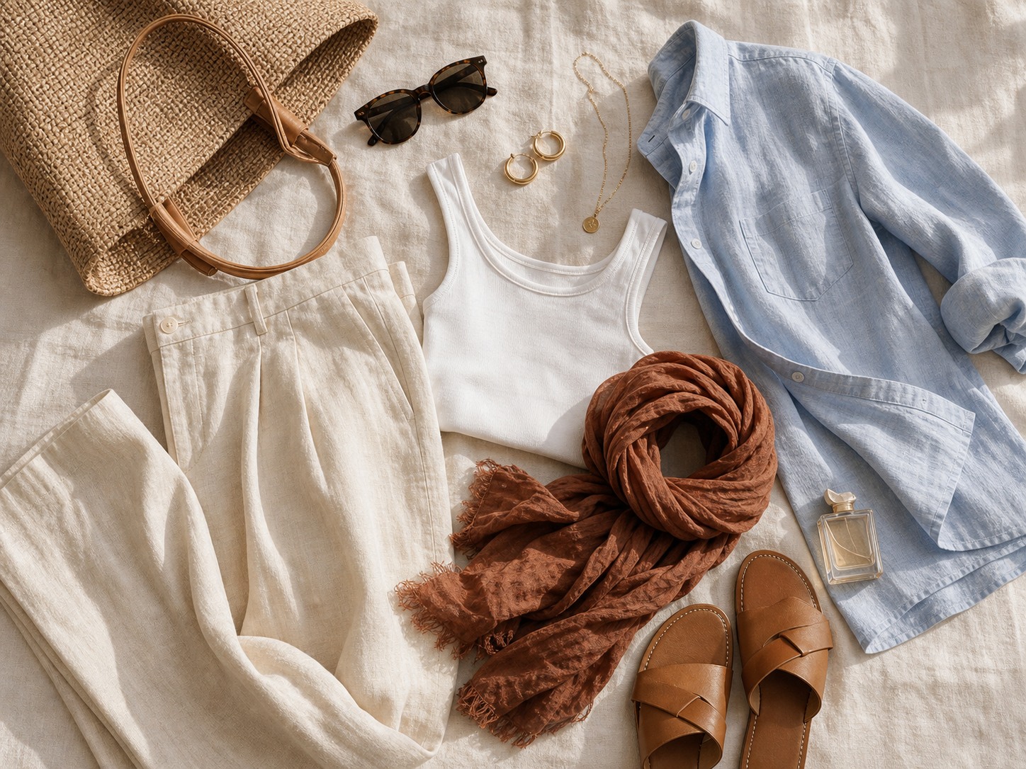 Weekend wardrobe flatlay with linen pieces, sandals, and a woven bag