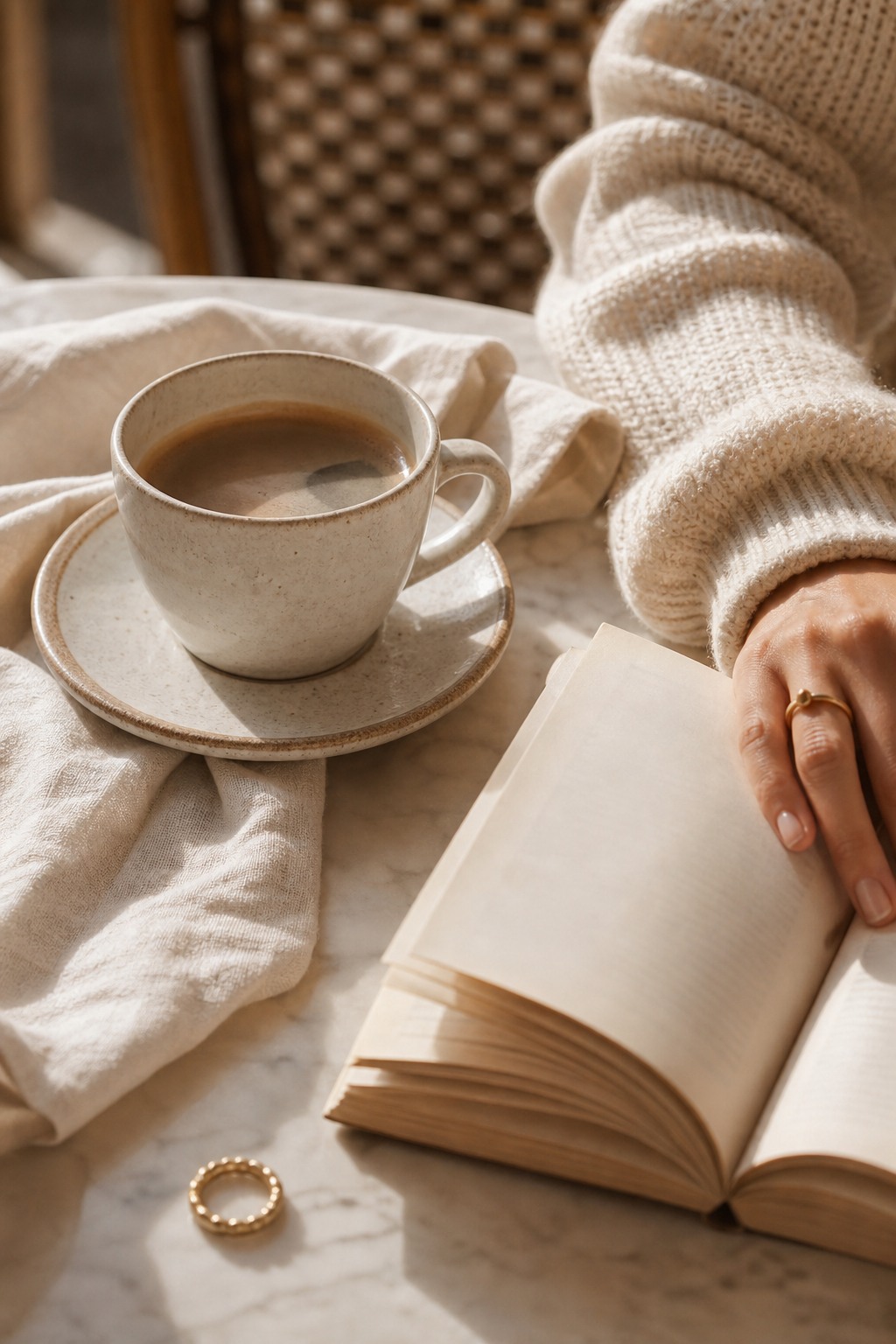 Coffee and a book on a table