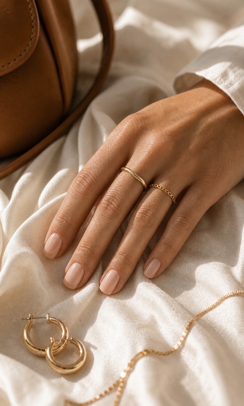 Gold jewelry and neutral nails
