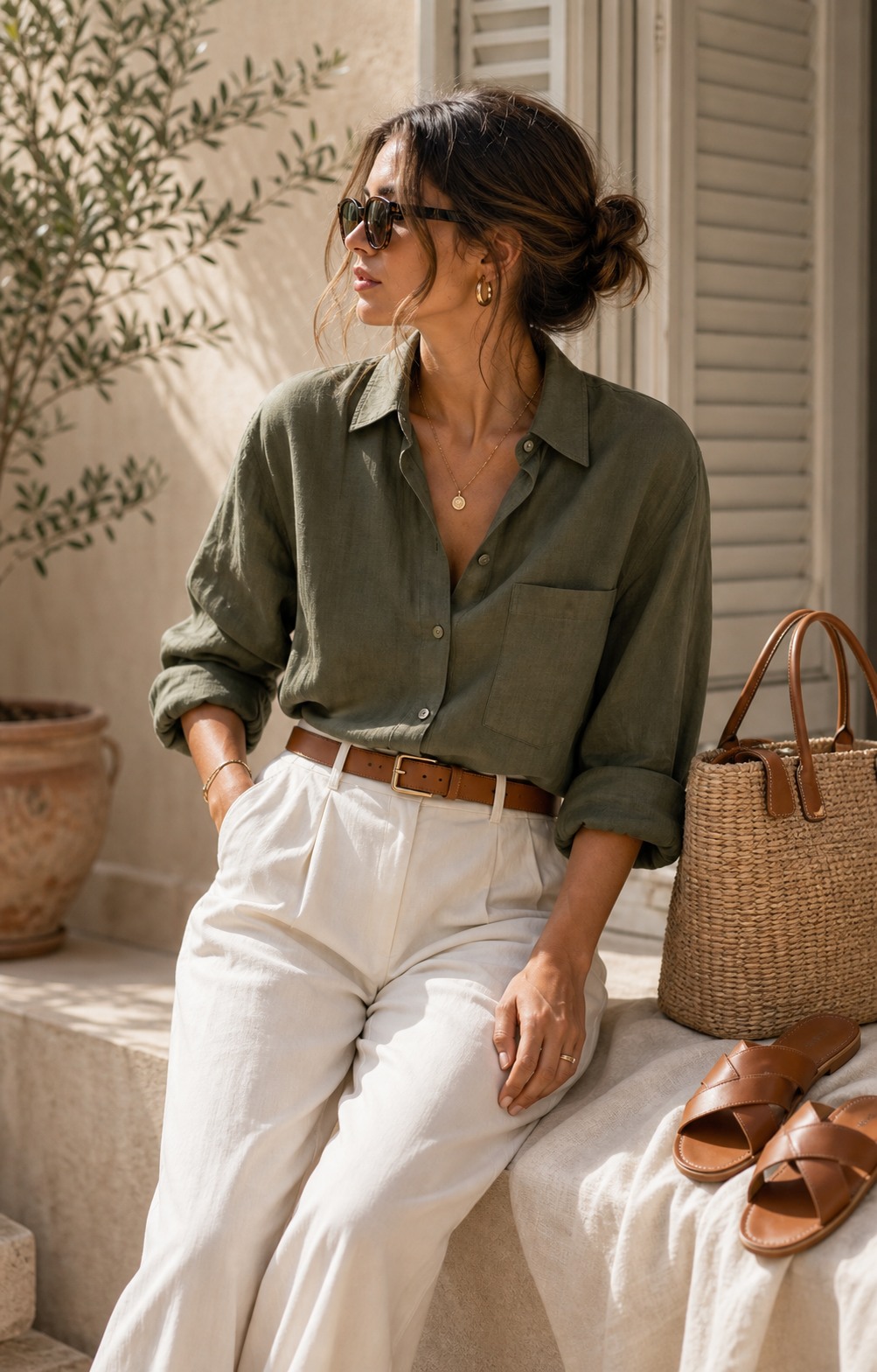 Olive shirt styled with ivory trousers, gold jewelry, and warm accessories