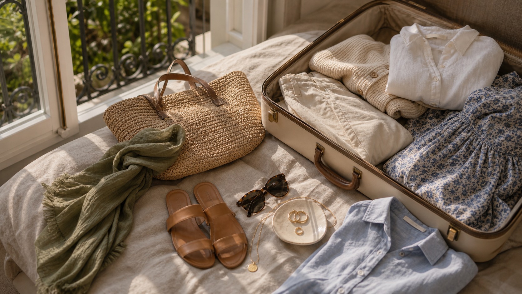 Holiday weekend outfit flatlay with linen, sandals, and soft colors