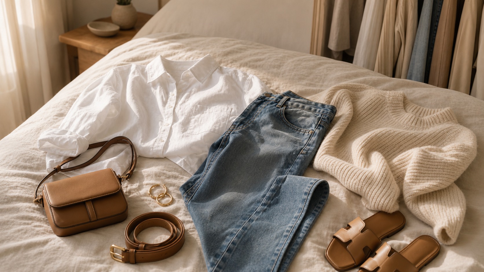 Folded staples, gold jewelry, and a leather bag on a bed
