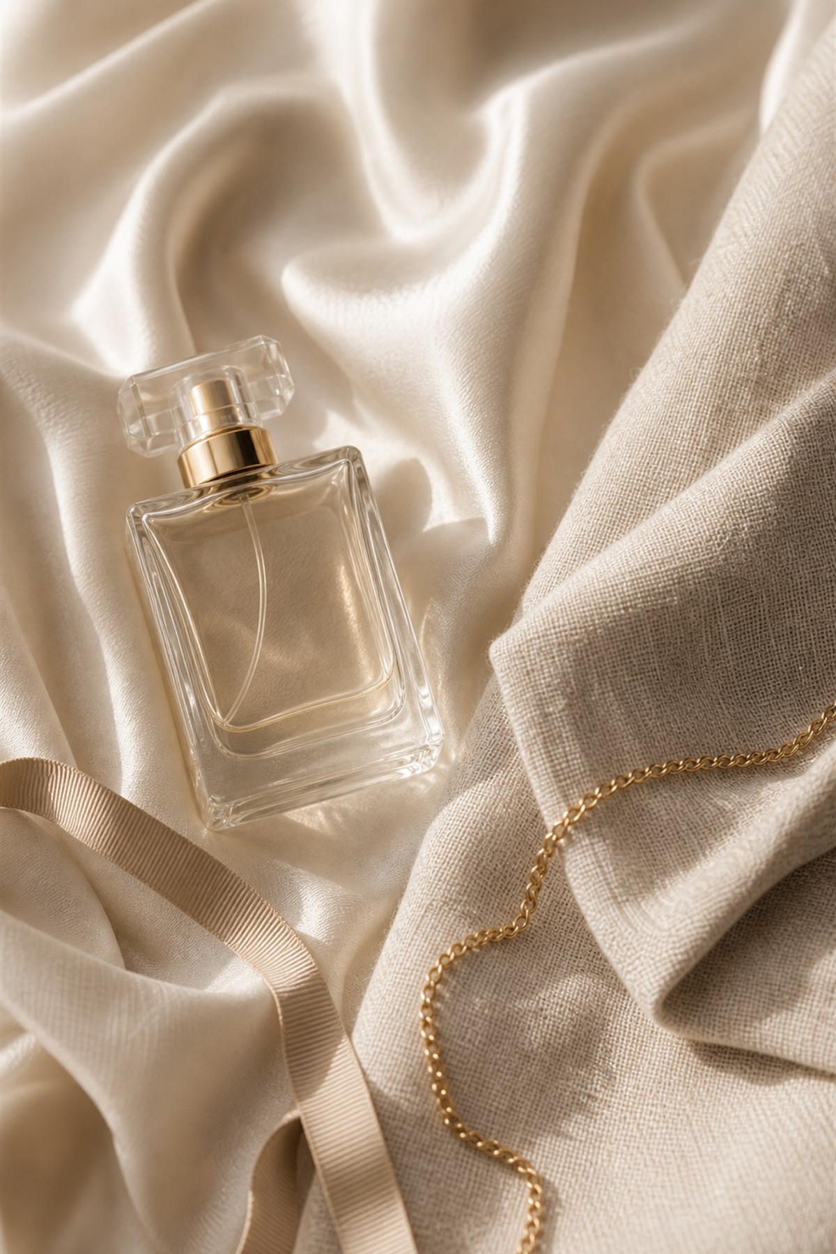 Perfume, nail polish, gold jewelry, and cream fabric