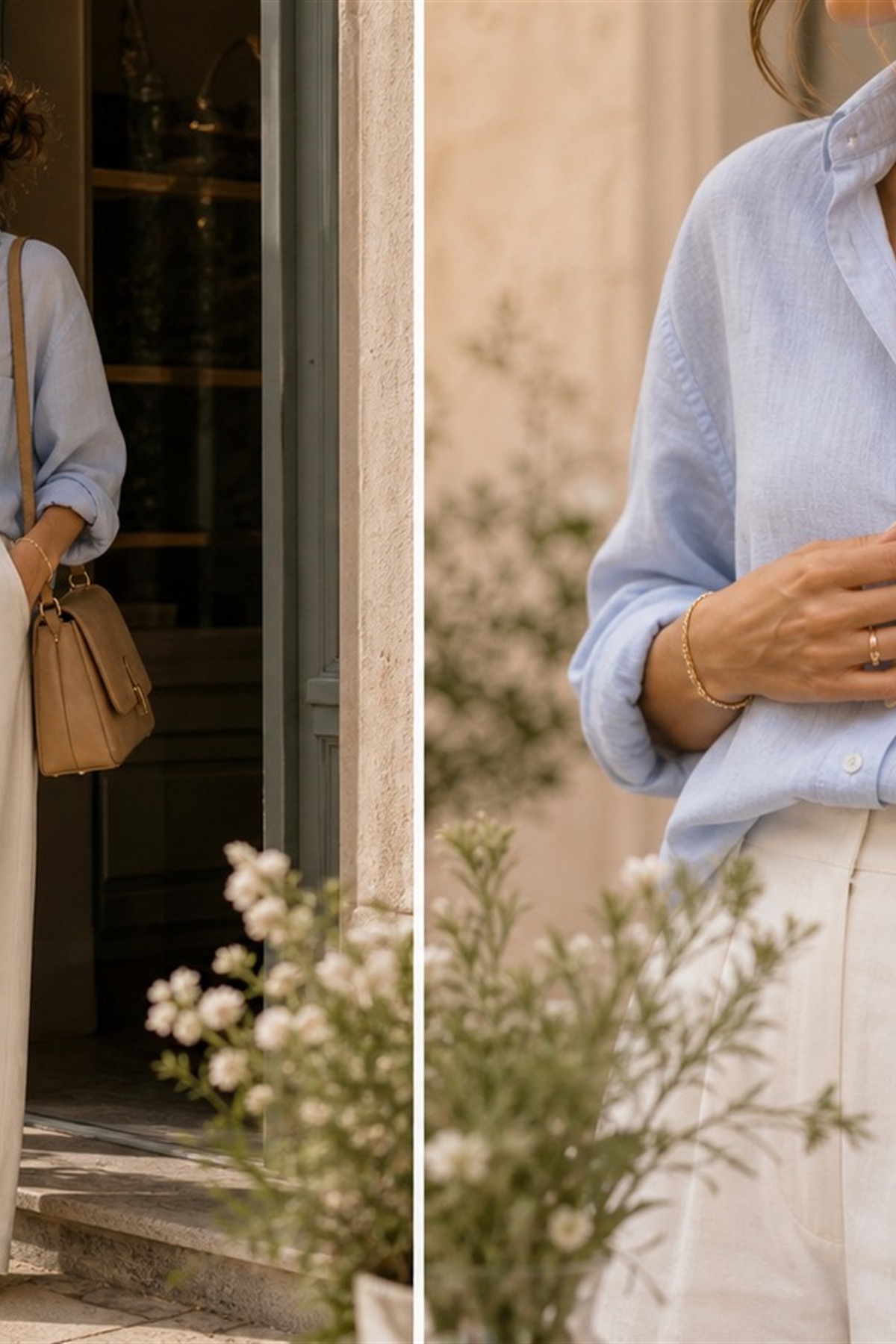 Casual spring outfit with pale blue shirt, ivory trousers, and camel accessories