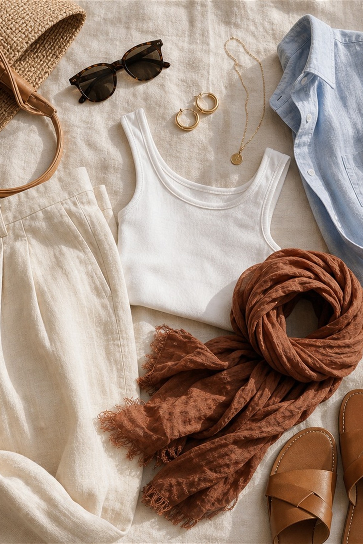 Weekend wardrobe flatlay with linen pieces, sandals, and a woven bag