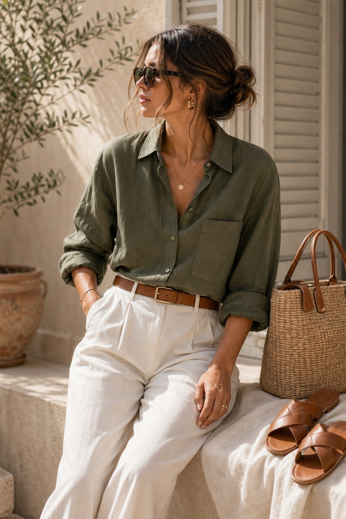 Olive shirt styled with ivory trousers, gold jewelry, and warm accessories