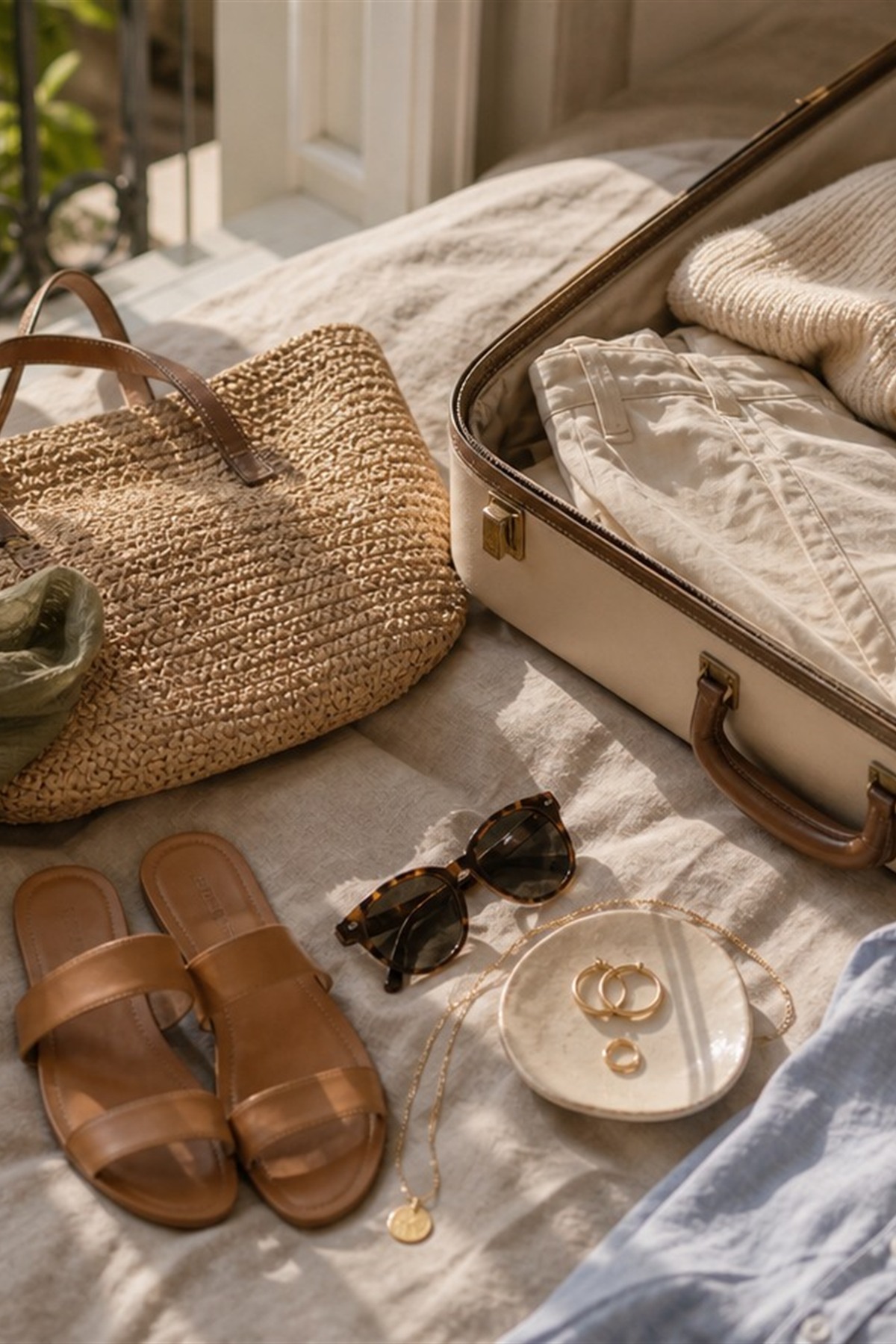 Holiday weekend outfit flatlay with linen, sandals, and soft colors
