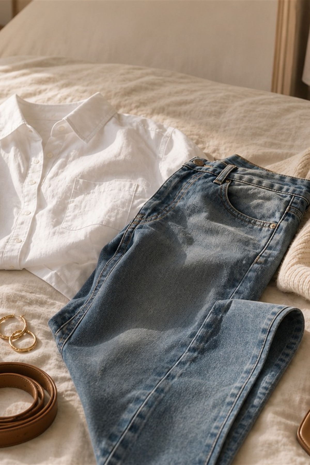 Folded staples, gold jewelry, and a leather bag on a bed