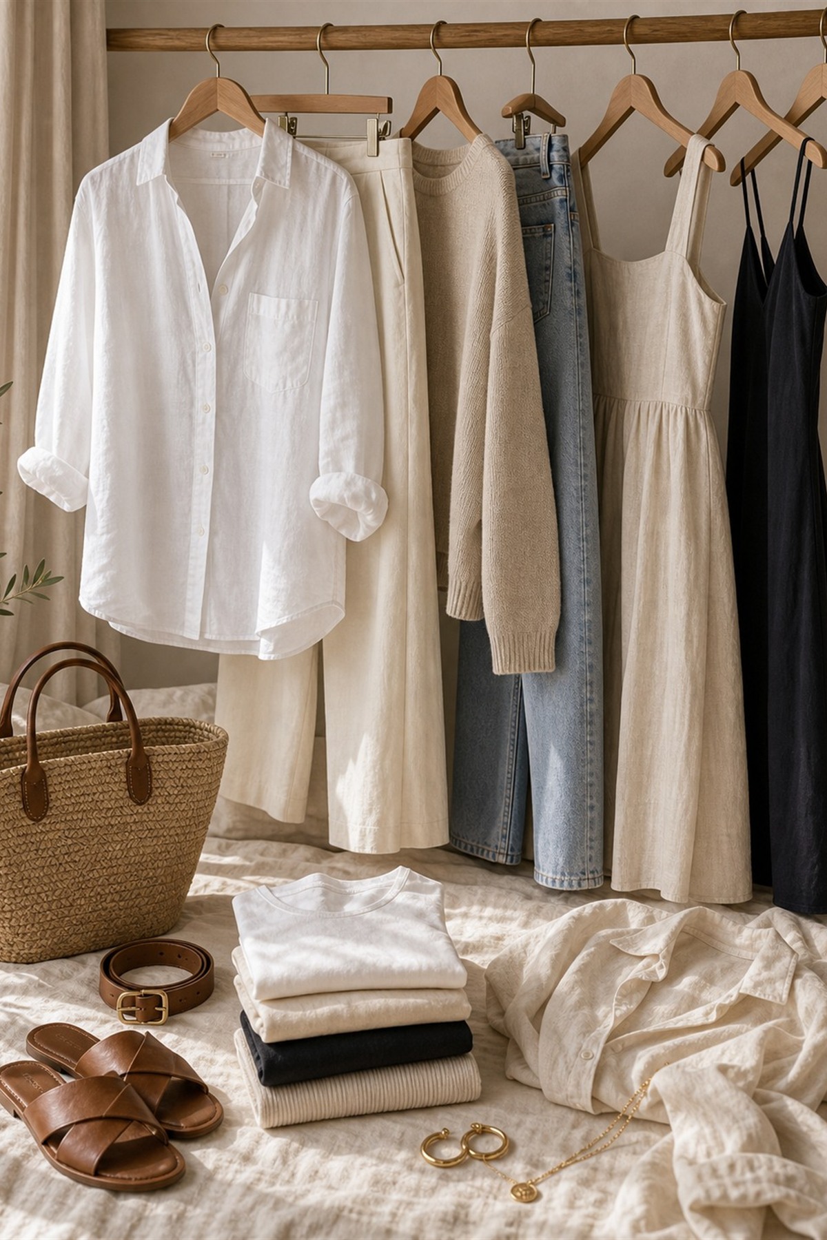 Quiet luxury capsule wardrobe moodboard with neutral clothing and accessories