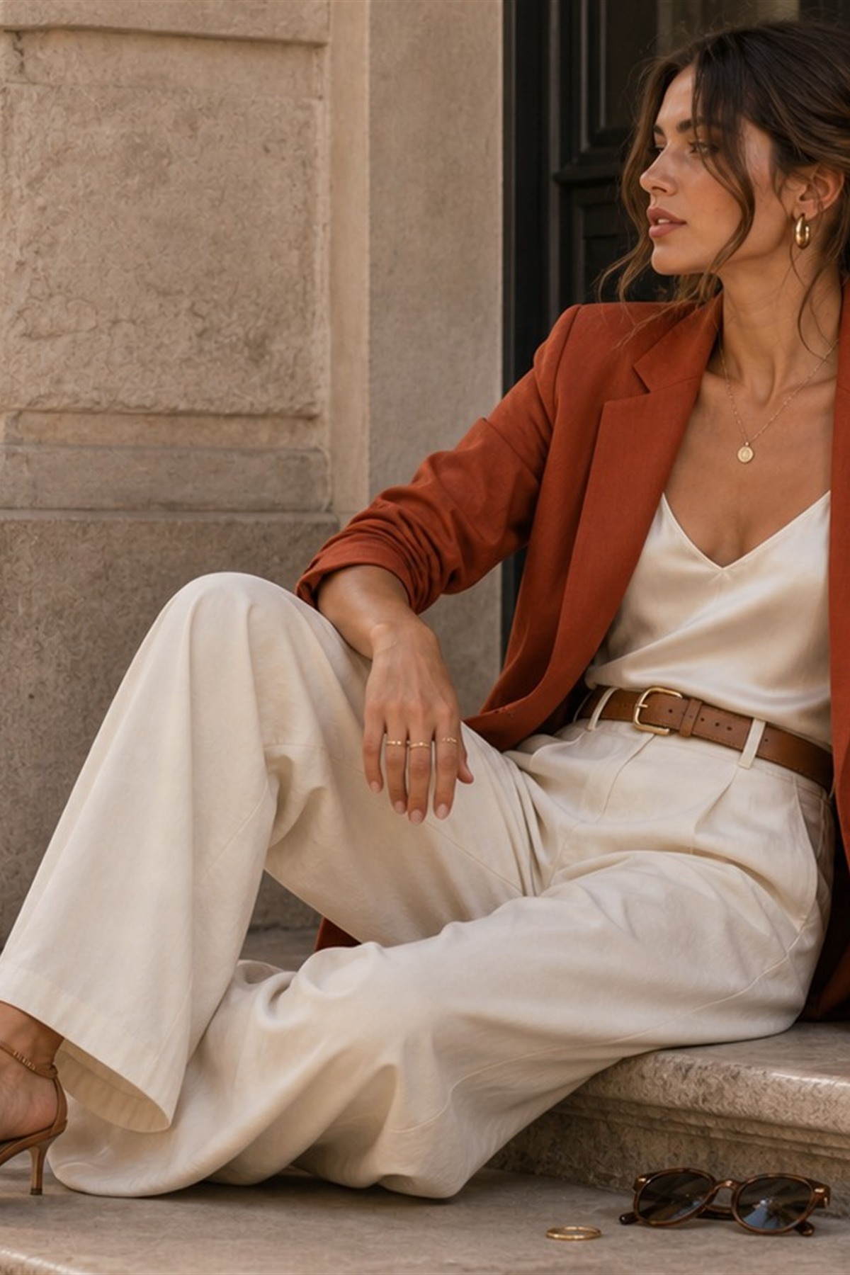 Rust blazer outfit with ivory trousers and camel accessories