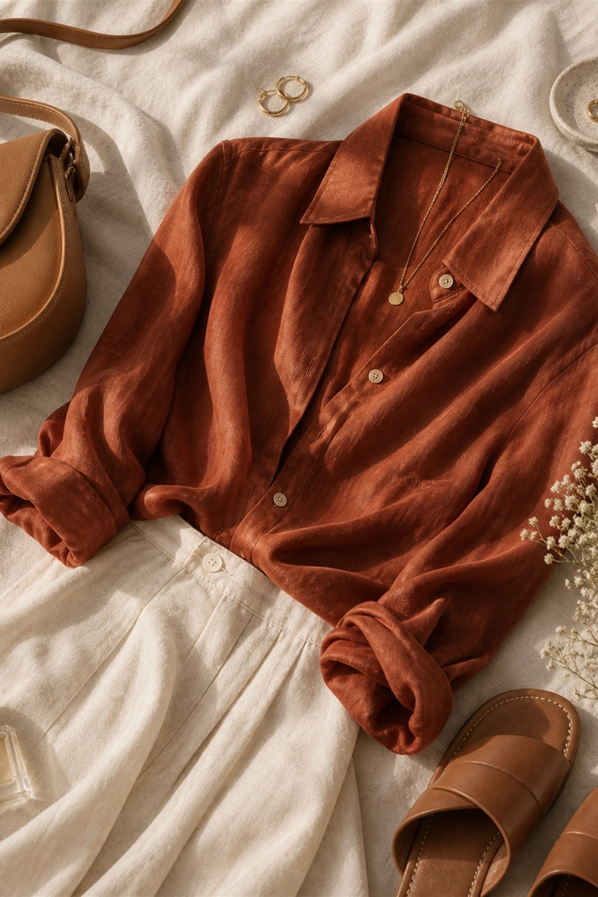 Rust blouse with cream trousers and camel accessories