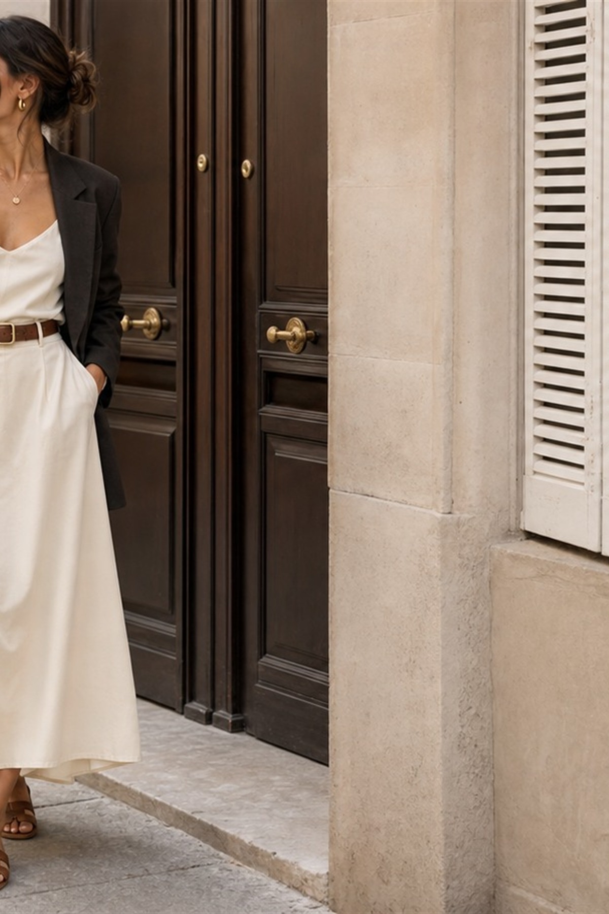 Soft feminine outfit with structured blazer, dress, and neutral accessories