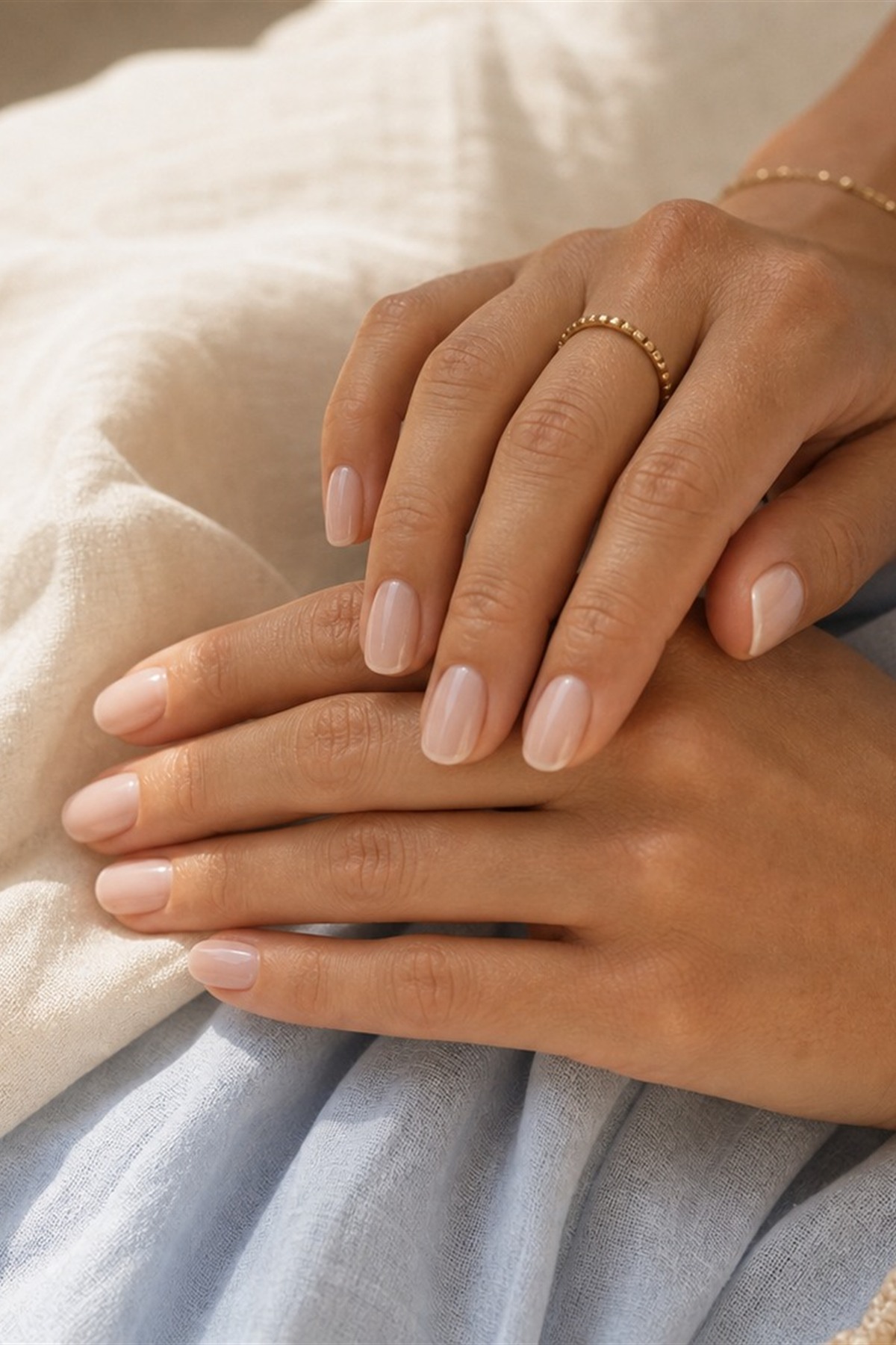 Soft summer manicure with a linen dress and gold jewelry