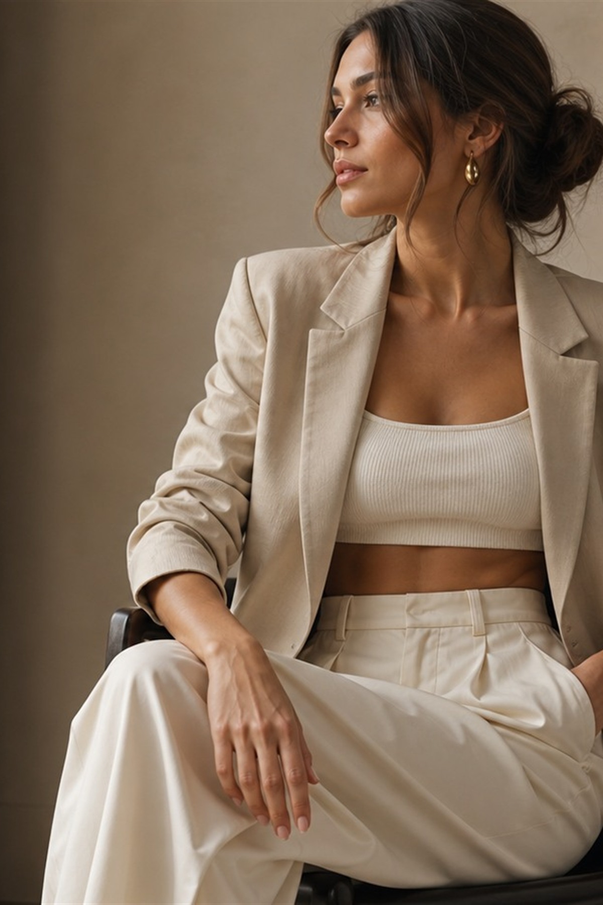 Neutral outfit with cream knitwear and tailored trousers