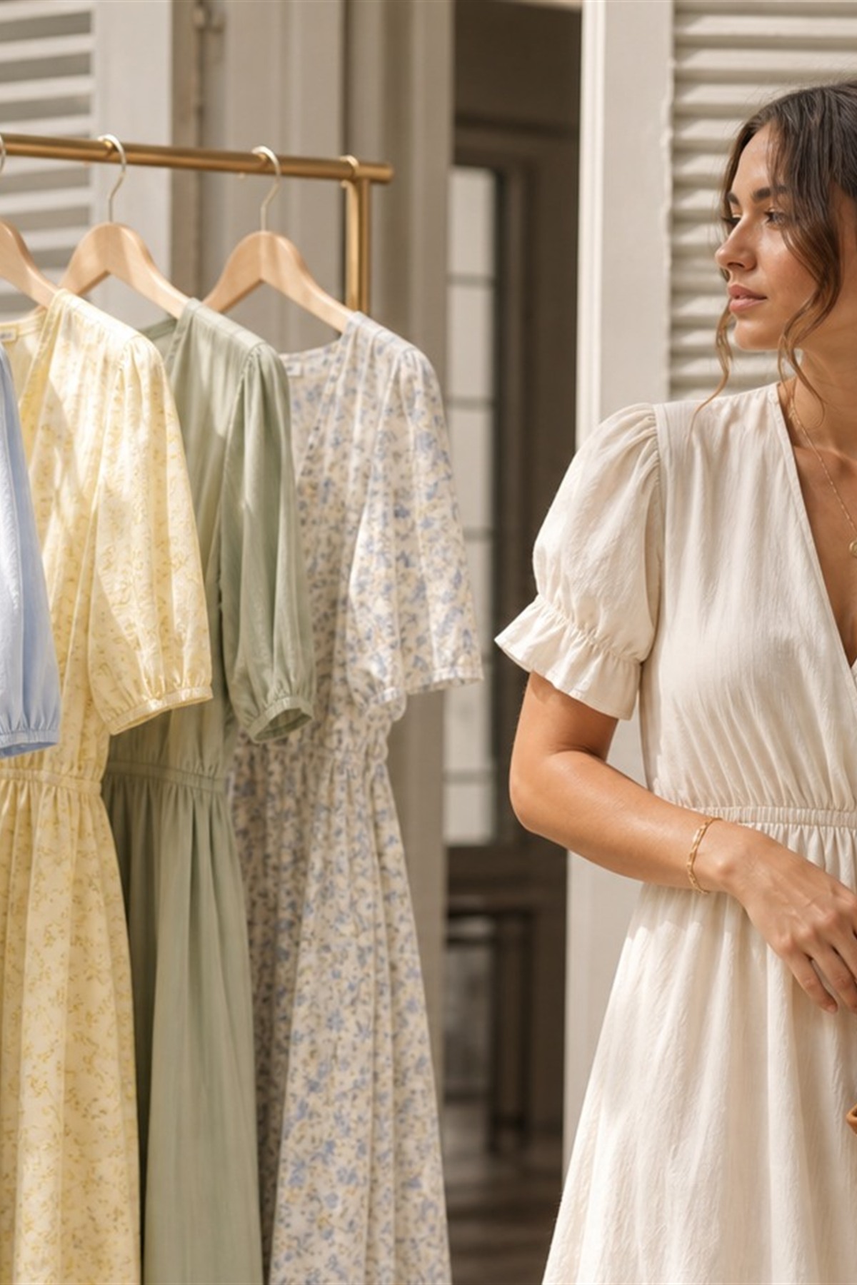 Spring dresses in pale blue, ivory, and soft green tones