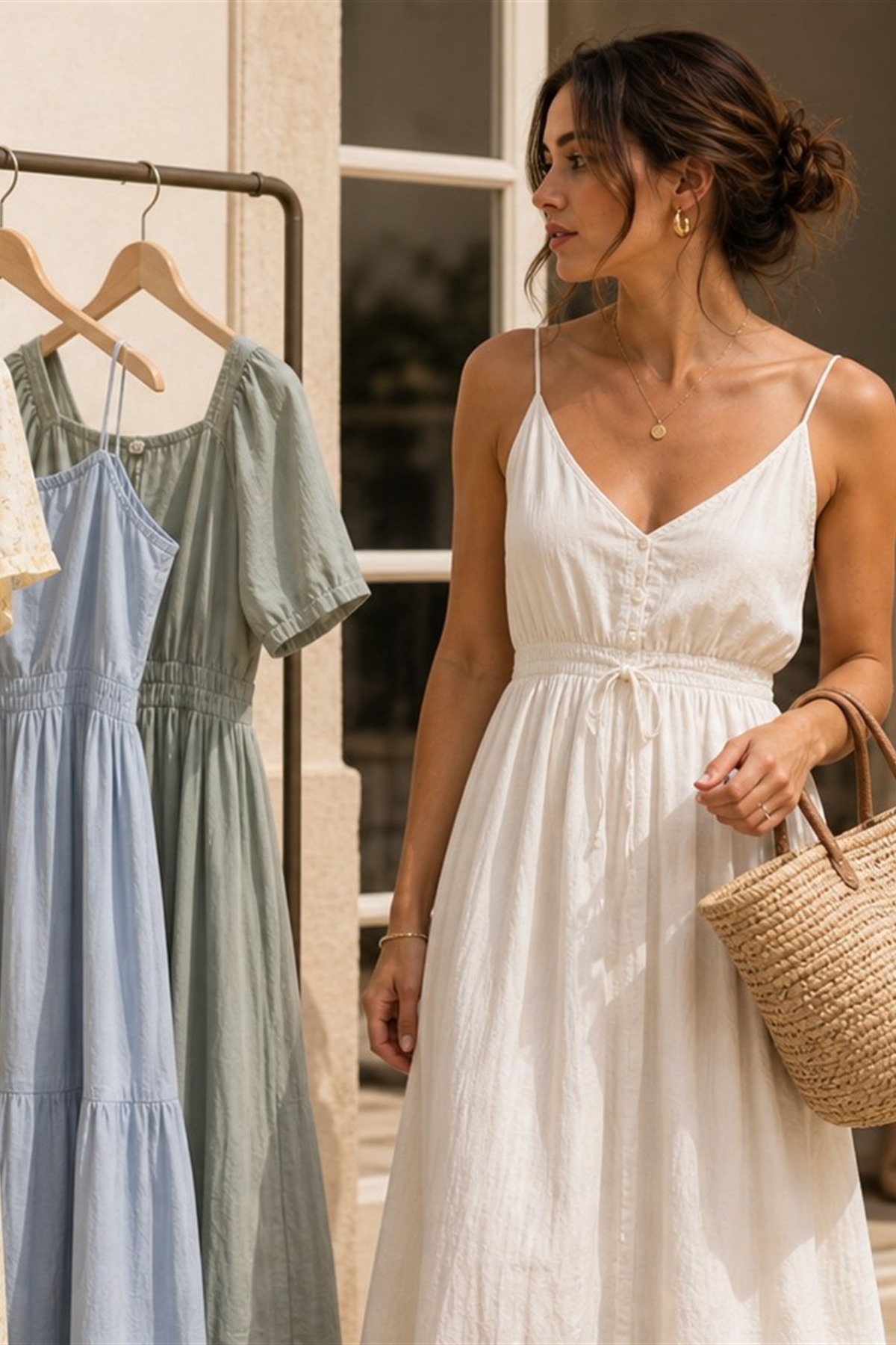 Summer dresses in ivory, pale yellow, and blue tones