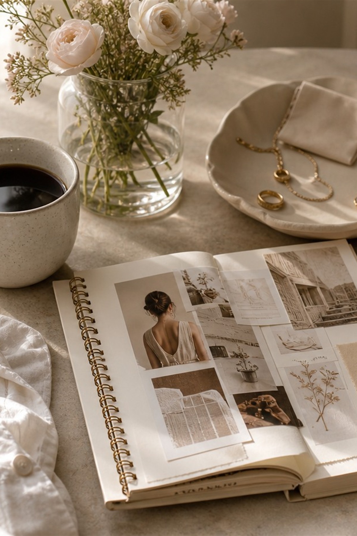Sunday morning moodboard with coffee, books, knitwear, and cream details
