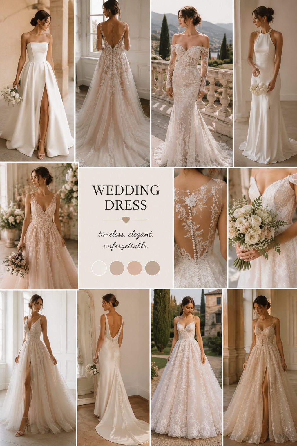 Editorial collage of ivory, blush, and champagne wedding dresses in a European villa setting