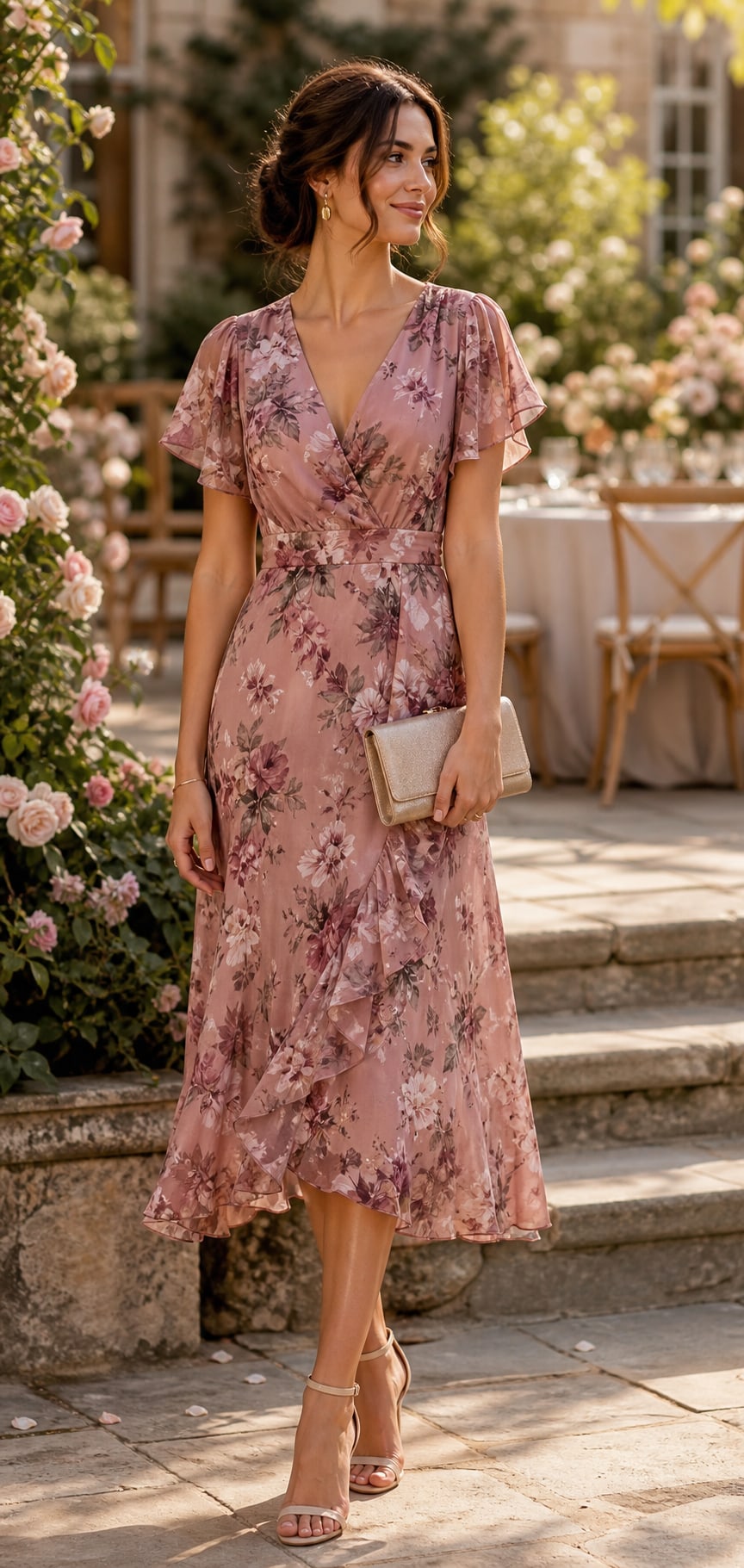 Woman wedding guest wearing a sage satin midi dress on a sunlit European villa terrace