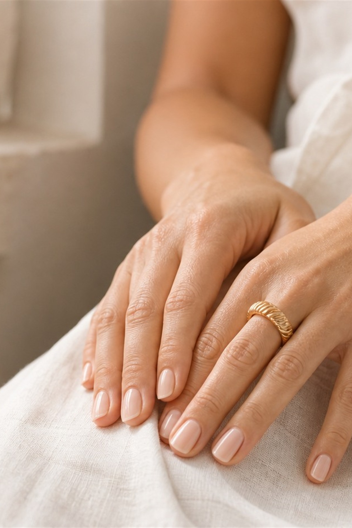 Neutral manicure beside white linen fabric and gold rings