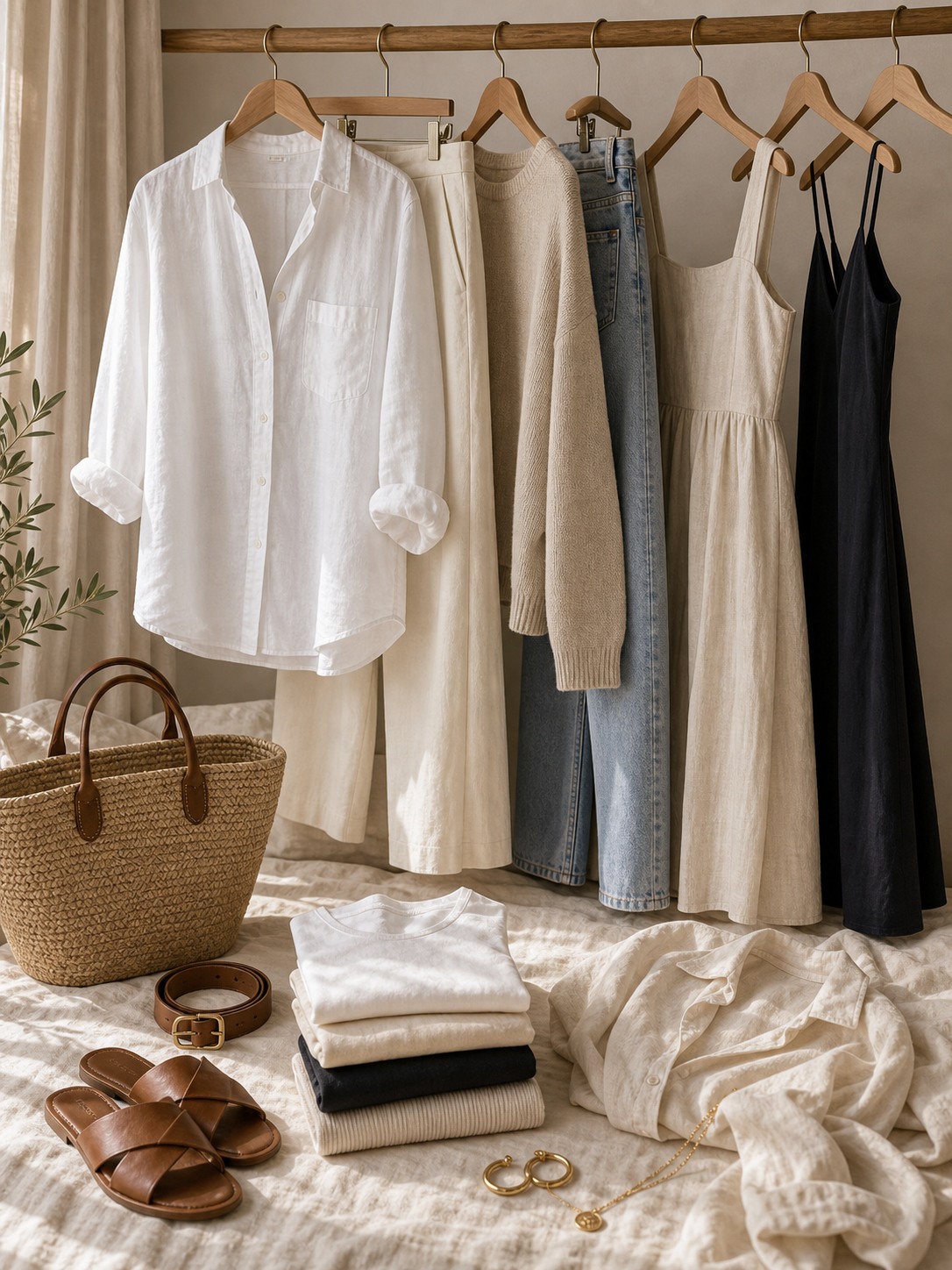 Quiet luxury capsule wardrobe moodboard with neutral clothing and accessories