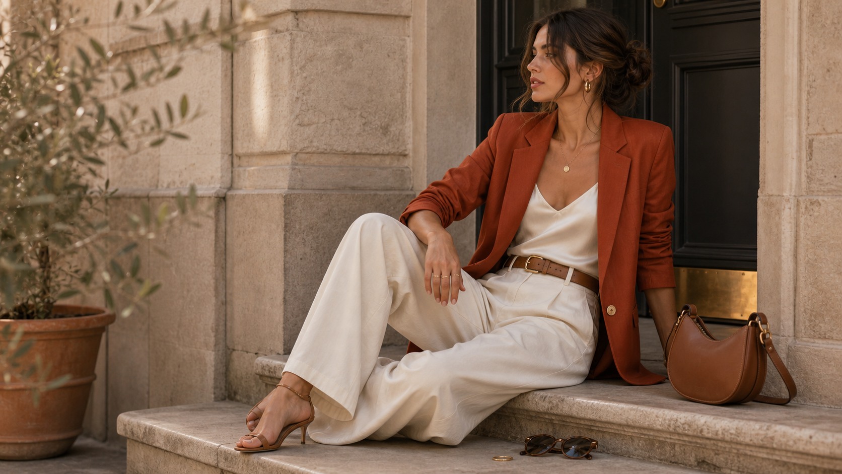 Rust blazer outfit with ivory trousers