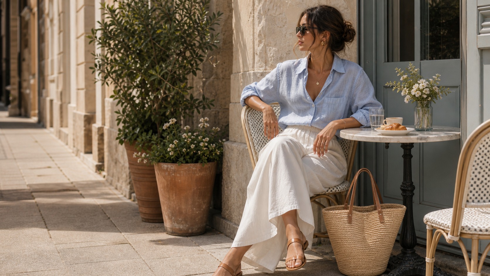 Summer weekend outfit with linen shirt, skirt, sandals, and sunglasses