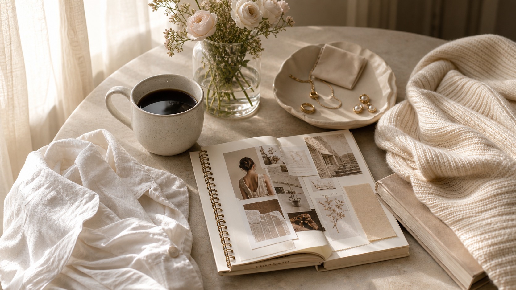 Sunday morning moodboard with coffee, books, knitwear, and cream details