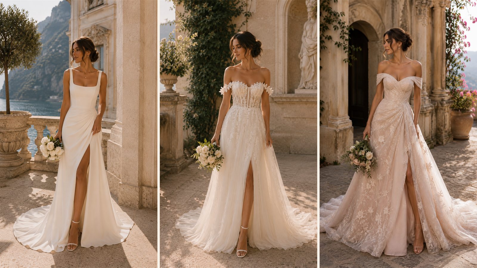Editorial collage of ivory, blush, and champagne wedding dresses in a European villa setting