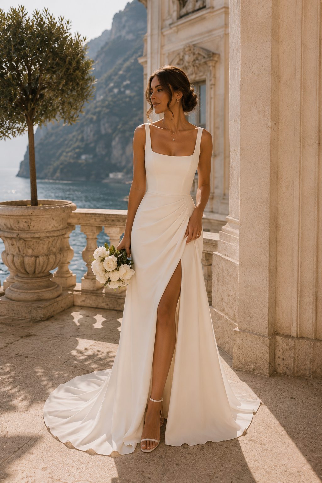 Modern ivory satin wedding dress with square neckline and side slit