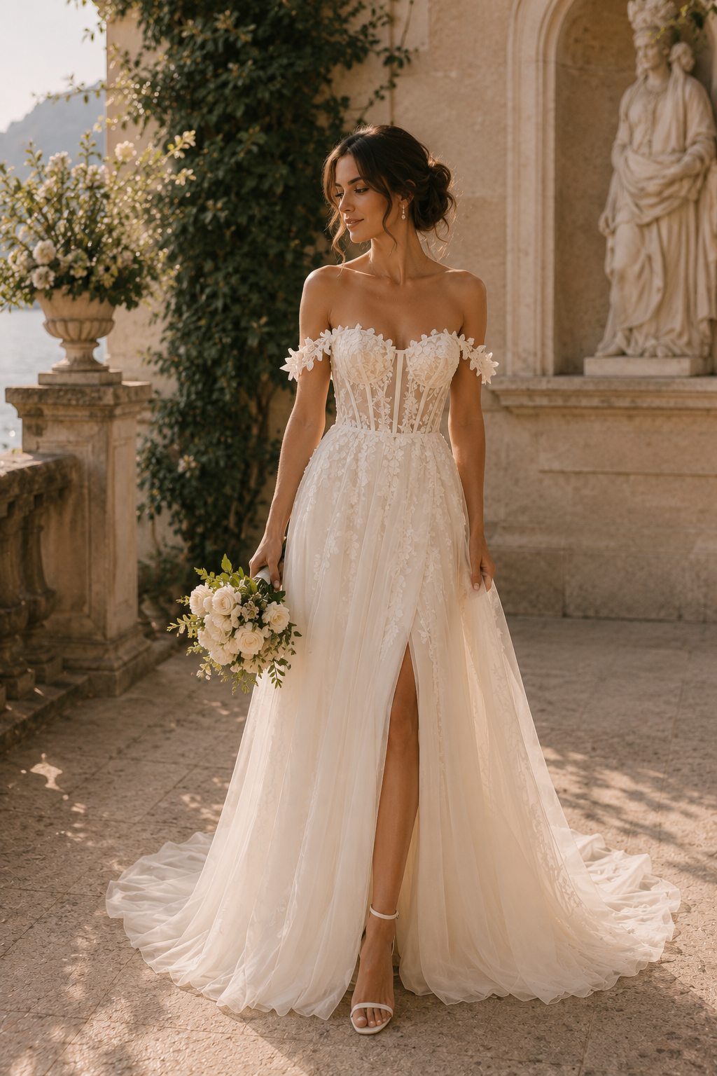 Off-shoulder lace wedding dress in soft ivory