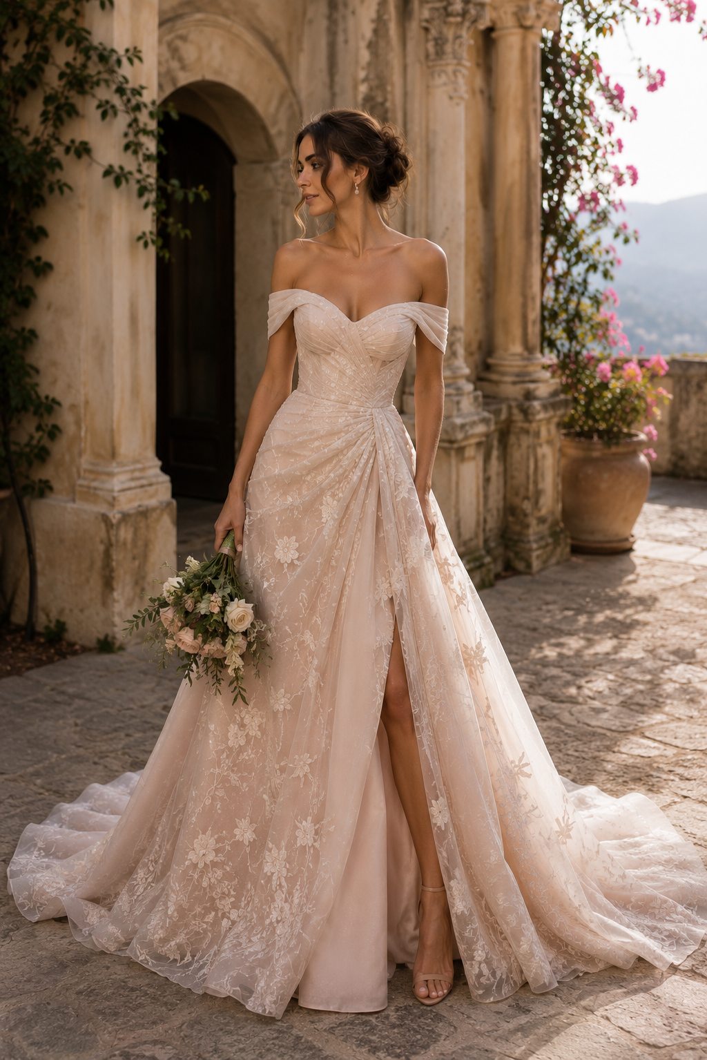 Romantic blush lace wedding dress in a European villa setting