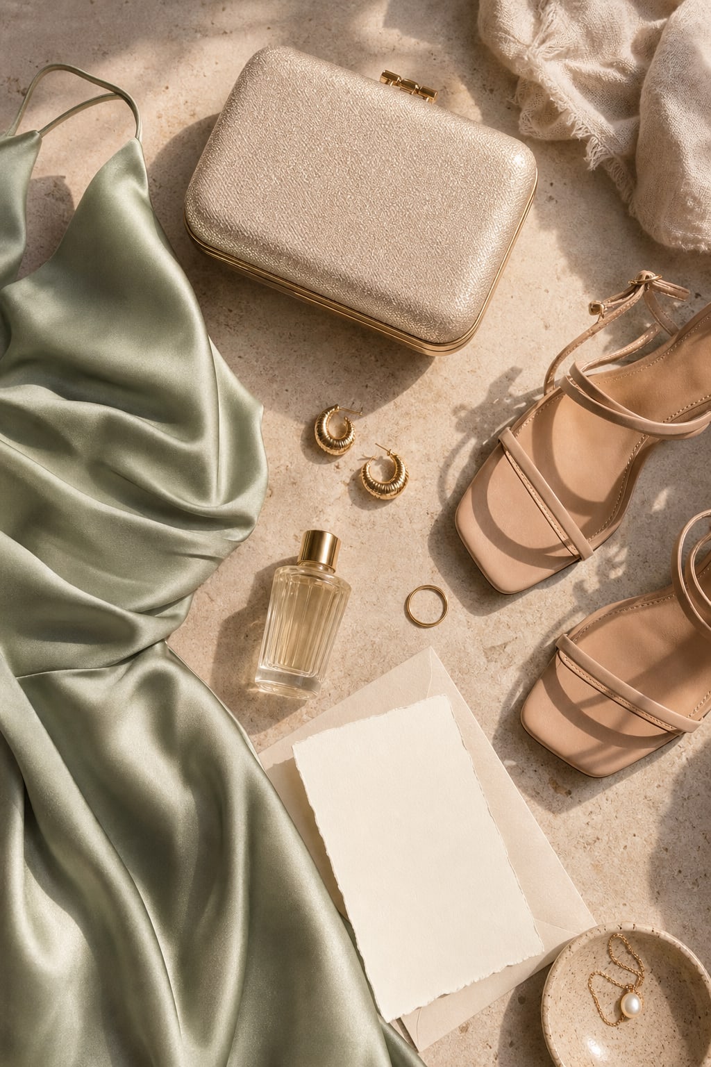 Wedding guest outfit accessories with sage satin fabric, champagne clutch, gold earrings, and nude sandals