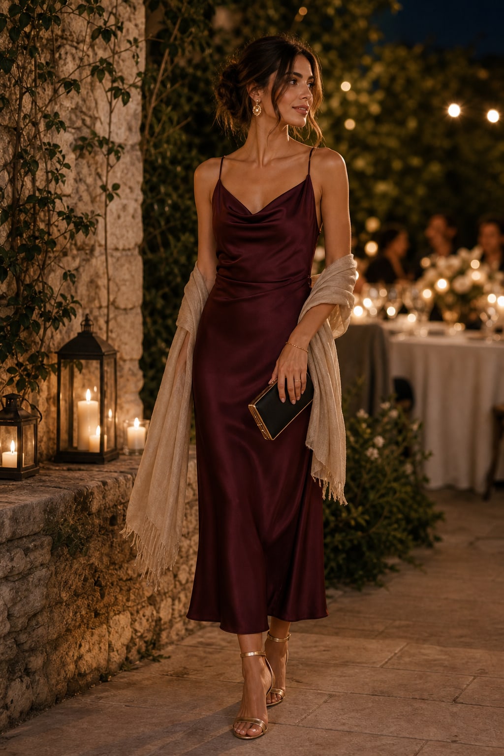 Woman wedding guest wearing a burgundy satin evening dress with gold accessories