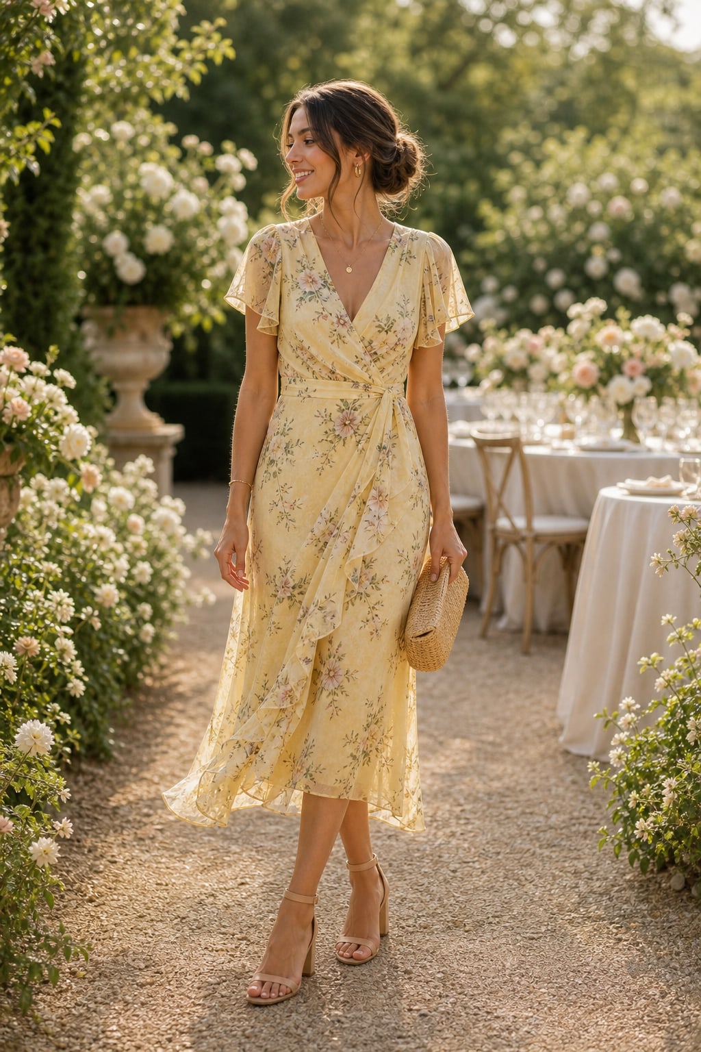 Woman wedding guest wearing a butter yellow floral midi dress in a garden setting