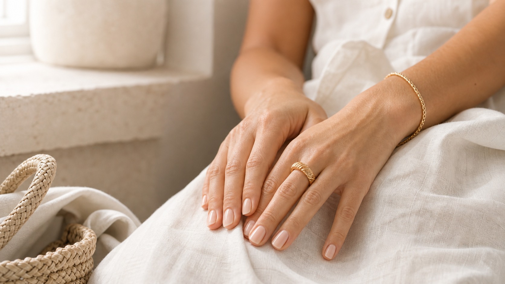 Neutral nails with white linen
