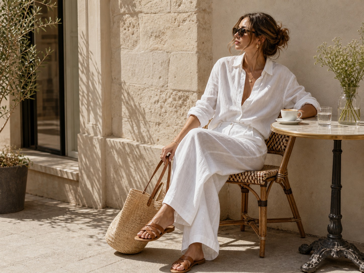 White linen summer outfit with sandals and a woven bag